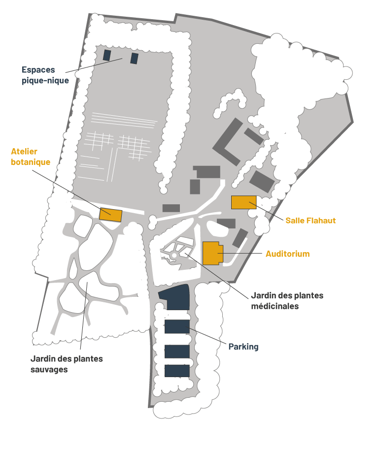 Plan du Conservatoire botanique de Bailleul : facilités, jardins et salles.